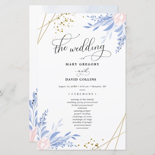 Dusty Blue Gold Geometric Floral Wedding Zeremonie (Vorne/Hinten)