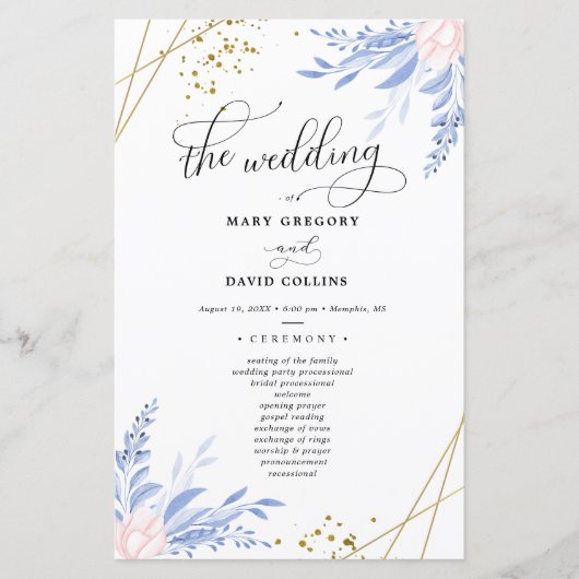 Dusty Blue Gold Geometric Floral Wedding Zeremonie (Vorderseite)