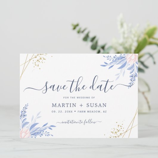 Dusty Blue Gold Geometric Pink Floral Wedding Save The Date (Stehend Vorderseite)