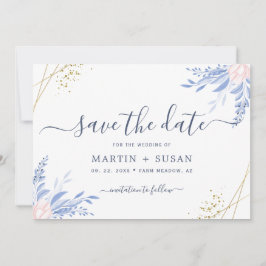 Dusty Blue Gold Geometric Pink Floral Wedding Save The Date