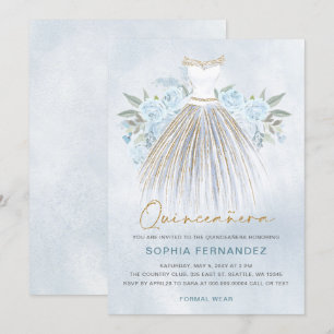 Dusty Blue Gold Glitzer Blumenkleid Quinceañera Einladung