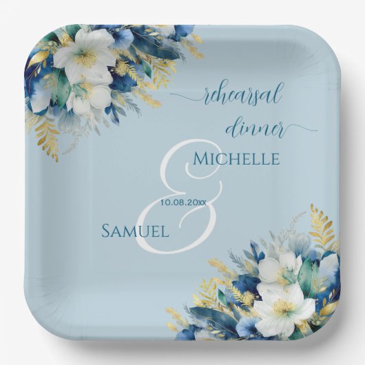 Dusty Blue Gold Glitzer Floral Probe Dinner Pappteller (Vorderseite)