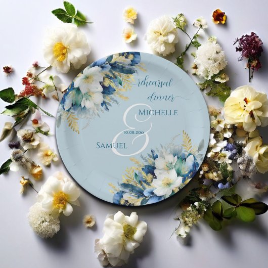 Dusty Blue Gold Glitzer Floral Probe Dinner Pappteller