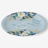 Dusty Blue Gold Glitzer Floral Probe Dinner Pappteller (Schrägansicht)