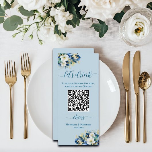Dusty Blue Gold Glitzer Floral QR Code Bar Menükarte