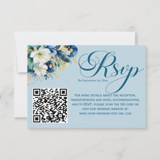 Dusty Blue Gold Glitzer Floral QR Code RSVP Card (Vorderseite)