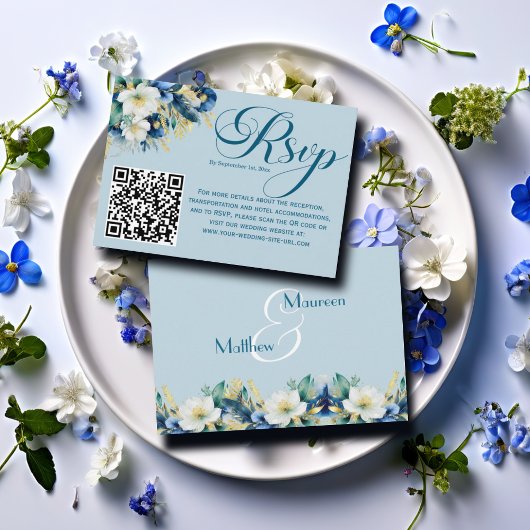 Dusty Blue Gold Glitzer Floral QR Code RSVP Card Karte