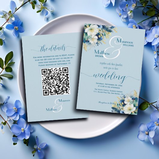 Dusty Blue Gold Glitzer Floral QR Code Wedding Einladung
