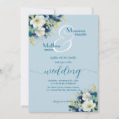 Dusty Blue Gold Glitzer Floral QR Code Wedding Einladung (Vorderseite)