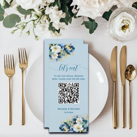 Dusty Blue Gold Glitzer Floral QR Code Wedding Menükarte