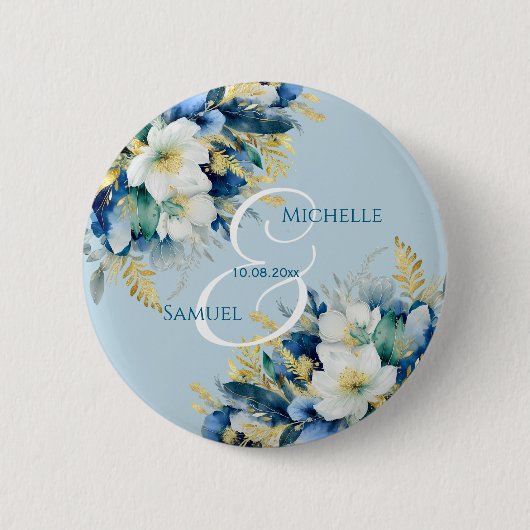 Dusty Blue Gold Glitzer Floral Wedding Button (Vorderseite)