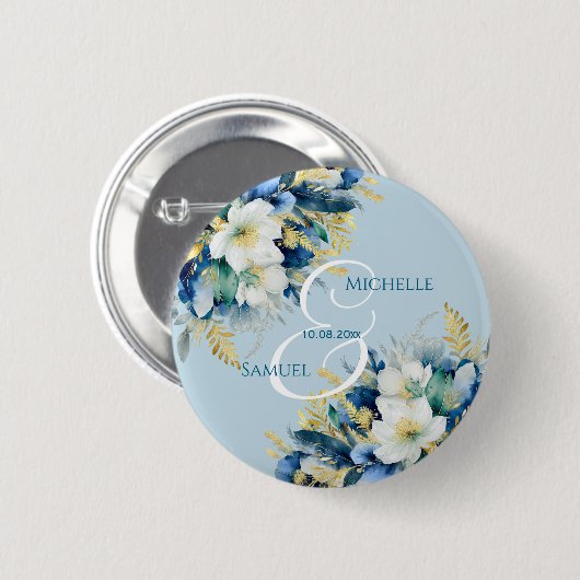Dusty Blue Gold Glitzer Floral Wedding Button (Vorne & Hinten)