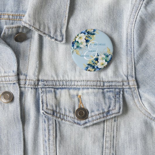 Dusty Blue Gold Glitzer Floral Wedding Button (Beispiel)
