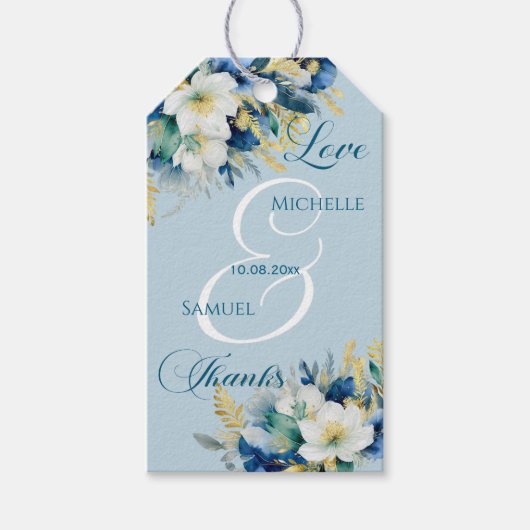 Dusty Blue Gold Glitzer Floral Wedding Geschenkanhänger (Vorderseite)