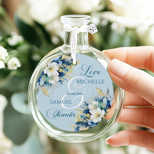 Dusty Blue Gold Glitzer Floral Wedding Geschenkanhänger