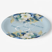 Dusty Blue Gold Glitzer Floral Wedding Pappteller (Schrägansicht)