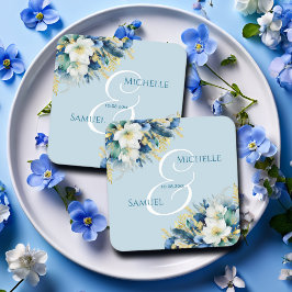 Dusty Blue Gold Glitzer Floral Wedding Rechteckiger Pappuntersetzer