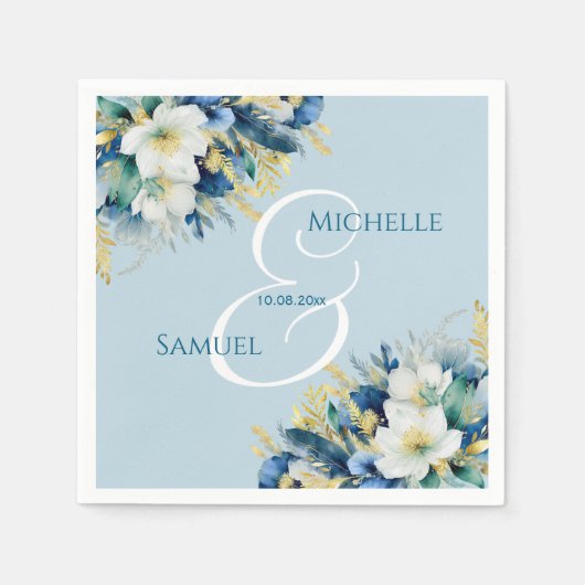 Dusty Blue Gold Glitzer Floral Wedding Serviette (Vorderseite)