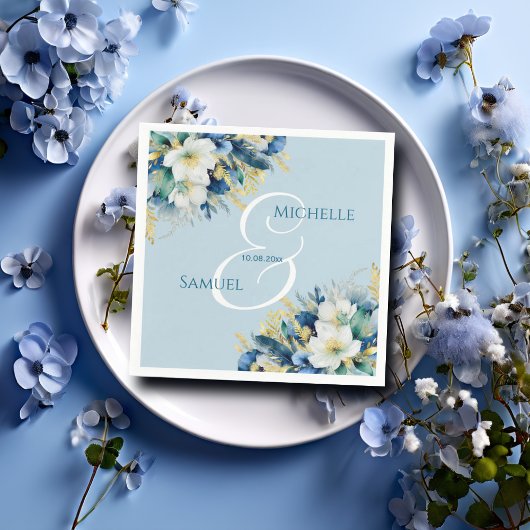 Dusty Blue Gold Glitzer Floral Wedding Serviette