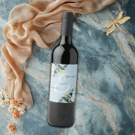 Dusty Blue Gold Glitzer Floral Wedding Weinetikett