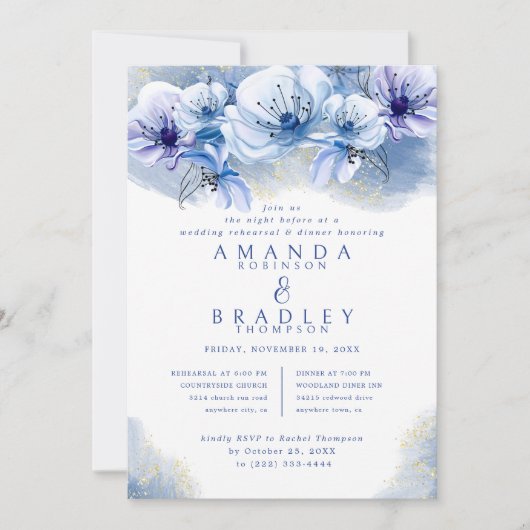 Dusty Blue & Gold Glitzer Hochzeit Probe Dinner Einladung (Vorderseite)