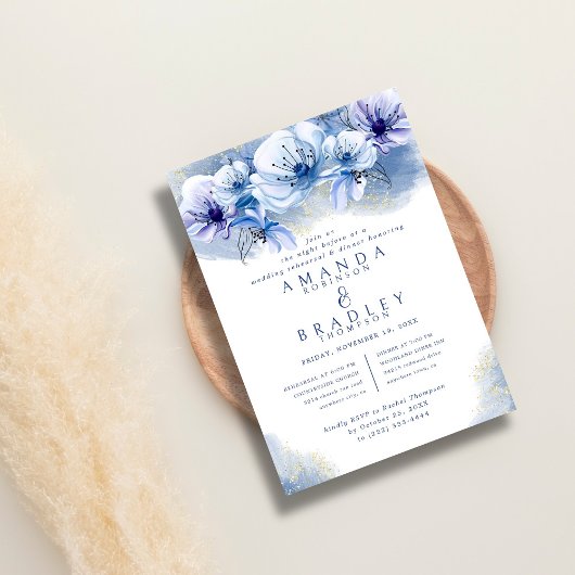 Dusty Blue & Gold Glitzer Hochzeit Probe Dinner Einladung