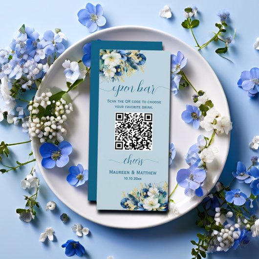 Dusty Blue Gold Glitzer QR Code Hochzeit Open Bar Menükarte