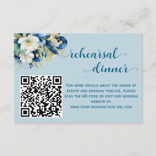 Dusty Blue Gold Glitzer QR Code Probe Dinner Begleitkarte (Vorderseite)