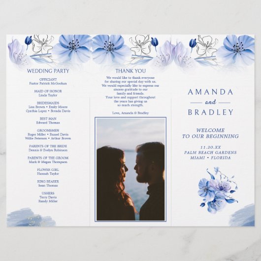Dusty Blue & Gold Glitzer Trifold Wedding Program Flyer (Vorne)
