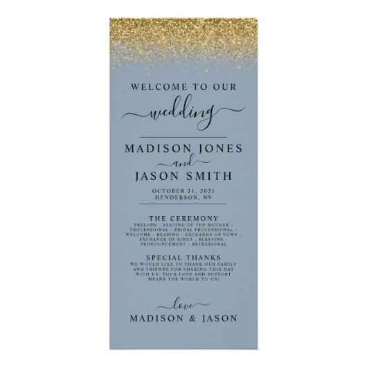 Dusty Blue & Gold Glitzer Wedding Program Werbekarte (Vorne)