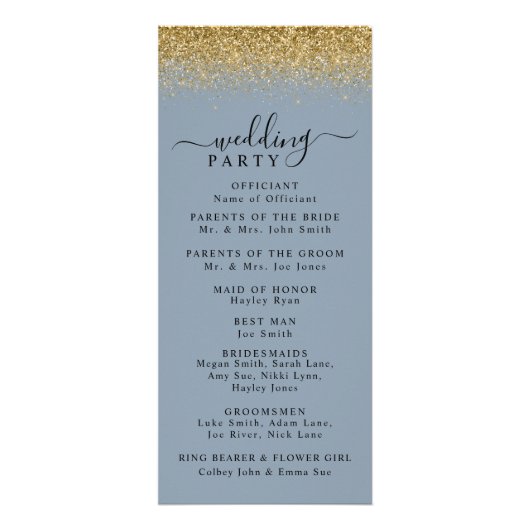 Dusty Blue & Gold Glitzer Wedding Program Werbekarte (Hinten)