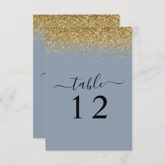 Dusty Blue & Gold Glitzer Wedding Table Card Einladung (Vorne/Hinten)