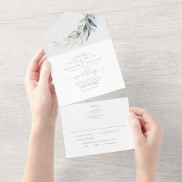 Dusty Blue Gold Greenerity Blätter Elegante Weddin All In One Einladung