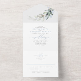 Dusty Blue Gold Greenerity Blätter Elegante Weddin All In One Einladung