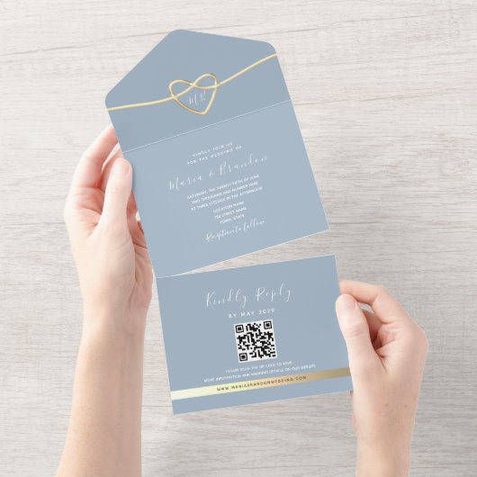 Dusty Blue Gold Hochzeit Einladung mit QR Code (Abreißen)