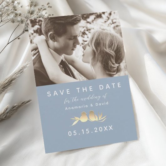Dusty Blue Gold Lovebirds Photo Save The Date