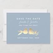 Dusty Blue Gold Lovebirds Save The Date (Vorderseite)