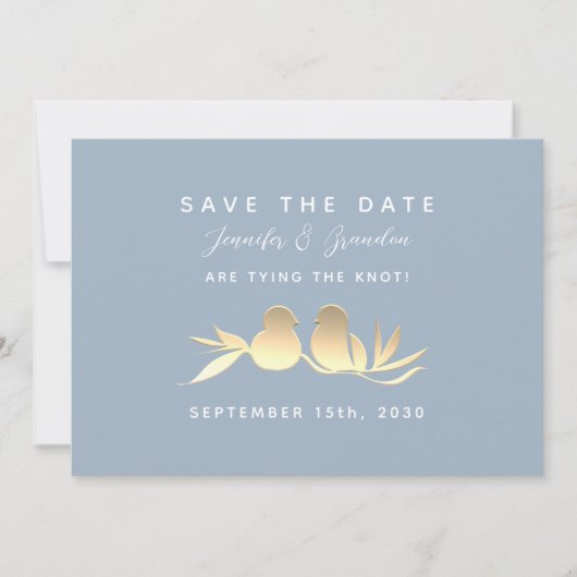 Dusty Blue Gold Lovebirds Save The Date (Vorderseite)