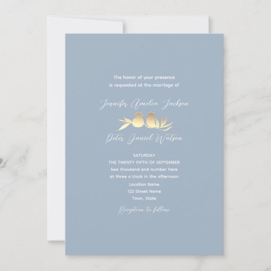 Dusty Blue Gold Lovebirds Wedding Einladung (Vorderseite)