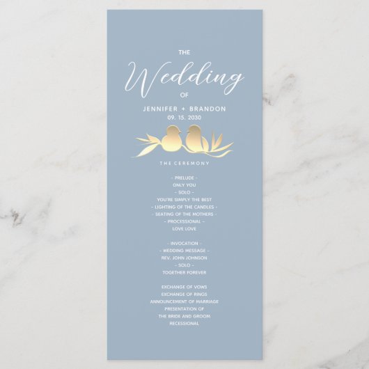 Dusty Blue Gold Lovebirds Wedding Programm (Vorderseite)
