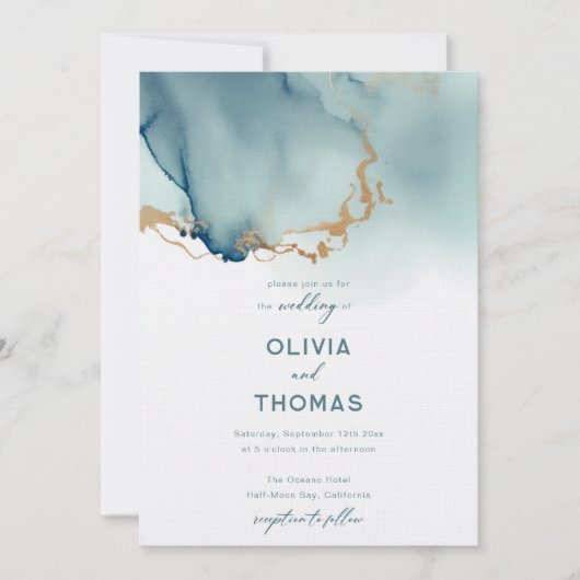 Dusty Blue Gold Moderne Romantische Aquamarine Bea Einladung (Vorderseite)