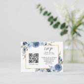 Dusty Blue Gold Pastel Floral QR Code Wedding RSVP Begleitkarte (Stehend Vorderseite)
