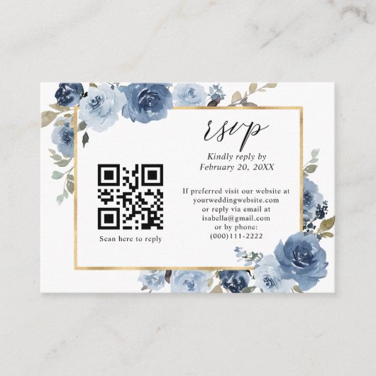 Dusty Blue Gold Pastel Floral QR Code Wedding RSVP Begleitkarte (Vorderseite)