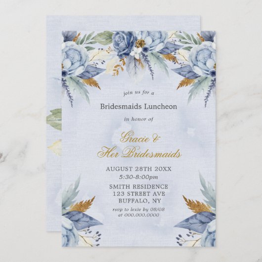Dusty Blue Gold Peony Bridesmaids Luncheon Invites (Vorne/Hinten)
