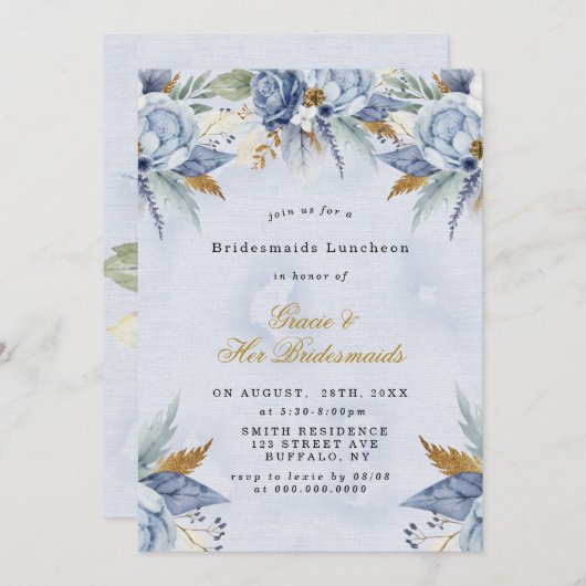 Dusty Blue Gold Peony Bridesmaids Luncheon Invites (Vorne/Hinten)
