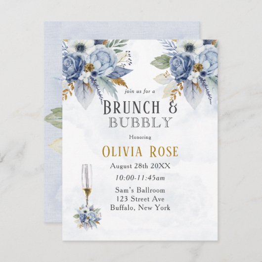 Dusty Blue Gold Peony Chic Brunch & Bubbly Einladu Einladung (Vorne/Hinten)