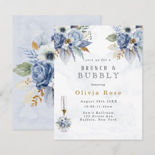 Dusty Blue Gold Peony Chic Brunch & Bubbly Einladung (Vorne/Hinten)
