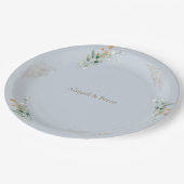 Dusty Blue & Gold Personalisiert Foliage Wedding Pappteller (Schrägansicht)