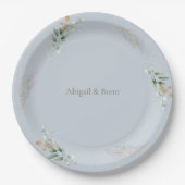 Dusty Blue & Gold Personalisiert Foliage Wedding Pappteller (Vorderseite)