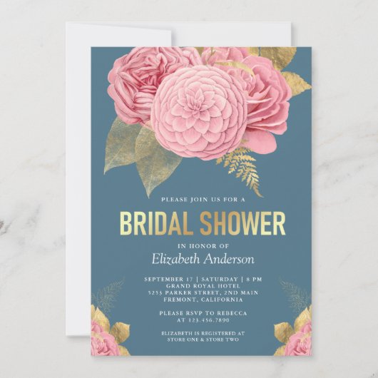 Dusty Blue Gold Pink Brautparty Einladung (Vorderseite)